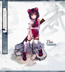 Rule 34 | 1girl, black hair, boots, brown hair, bruise, character name, china dress, chinese clothes, double bun, dress, english text, girls&#039; frontline, green eyes, gun, gun on back, hair bun, high heel boots, high heels, injury, jacket, official alternate costume, official art, see-through, see-through jacket, thighhighs, torn clothes, torn thighhighs, type 4 (crane&#039;s poise) (girls&#039; frontline), type 4 (girls&#039; frontline), weapon, weapon on back