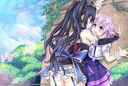 Rule 34 | 2girls, ass, bare shoulders, black hair, blue ribbon, blush, bracelet, bridal gauntlets, choujigen game neptune, commentary request, d-pad, d-pad hair ornament, detached sleeves, dress, embarrassed, from behind, garter straps, gloves, hair ornament, hair ribbon, hairclip, highres, hood, hooded jacket, impossible clothes, jacket, jewelry, kabedon, long hair, looking at another, miniskirt, multiple girls, neptune (neptunia), neptune (series), noire (neptunia), outdoors, panties, purple hair, red eyes, ribbon, sereneandsilent, short hair, skirt, striped legwear, thighhighs, twintails, underwear, white panties, yuri