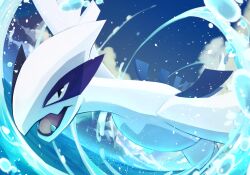 Rule 34 | black eyes, cloud, commentary request, creatures (company), fangs, game freak, gen 2 pokemon, highres, legendary pokemon, looking at viewer, lugia, nintendo, no humans, ocean, open mouth, outdoors, pokemon, pokemon (creature), sky, solo, tongue, water, waves, yottur
