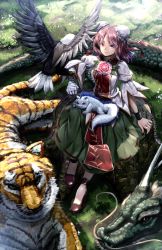 Rule 34 | 1girl, animal, arm at side, bandages, bandaged arm, bird, brown footwear, bun cover, chain, claws, cuffs, day, double bun, dragon, eagle, from above, full body, grass, green shirt, high heels, highres, houso (touhou), ibaraki kasen, koutei (touhou), kume (touhou), long skirt, looking at viewer, md5 mismatch, no socks, outdoors, pink eyes, puffy short sleeves, puffy sleeves, raijuu, red eyes, red hair, revision, ryosios, scales, shackles, shirt, shoes, short hair, short sleeves, sitting, skirt, sunlight, tabard, talons, tiger, touhou, tree stump, whiskers