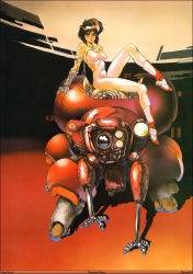 Rule 34 | 1980s (style), 1990s (style), 1girl, arm support, artist name, bare shoulders, black hair, bob cut, boots, breasts, breasts apart, brown hair, closed mouth, cyberpunk, cyborg, expressionless, from side, fuchikoma, full body, ghost in the shell, highres, impossible clothes, joints, knee up, kusanagi motoko, legs, lips, long legs, looking at viewer, mecha, mechanical arms, medium breasts, oldschool, red eyes, retro artstyle, robot, robot joints, scan, science fiction, shadow, shirou masamune, short hair, single mechanical arm, sitting, skin tight, skinny, strapless, unitard, white footwear
