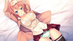 Rule 34 | 1girl, arms up, bed, blue eyes, blush, breasts, cameltoe, cleavage, game cg, innocent bullet, kanzaki sayaka (innocent bullet), large breasts, legs, lying, oosaki shin&#039;ya, open clothes, open mouth, open shirt, panties, pantyshot, red hair, school uniform, shirt, short hair, skirt, solo, thighs, underwear, upskirt, white panties