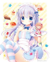 Rule 34 | 2girls, :o, aono ribbon, apron, black footwear, blue dress, blue eyes, blue hair, blush, brown hair, cake, cake slice, center frills, commentary request, diagonal stripes, dress, feet out of frame, food, fork, frilled apron, frilled dress, frills, gochuumon wa usagi desu ka?, hair between eyes, hair ornament, holding, holding fork, holding tray, hoto cocoa, kafuu chino, knees together feet apart, knees up, long hair, macaron, maid headdress, mini person, minigirl, multiple girls, parted lips, pink dress, pudding, puffy short sleeves, puffy sleeves, shoe soles, shoes, short sleeves, sitting, striped background, striped clothes, striped legwear, striped thighhighs, thighhighs, tray, very long hair, waitress, white apron, x hair ornament