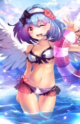 Rule 34 | 1girl, ;d, artist name, bare shoulders, bikini, black bow, blue hair, blue sky, blush, bow, breasts, breasts apart, cloud, cloudy sky, collarbone, contrapposto, cowboy shot, day, eyebrows, feathered wings, gluteal fold, hair bow, hairband, hand up, heart, heart-shaped pupils, highres, innertube, lace, lace-trimmed bikini, lace trim, medium breasts, navel, ocean, one eye closed, open mouth, original, partially submerged, red ribbon, ribbon, sarong, short hair, sky, smile, solo, spread wings, squchan, standing, stomach, swim ring, swimsuit, symbol-shaped pupils, thighhighs, v, wading, water, watermark, web address, white bikini, wings, yellow eyes