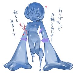 Rule 34 | 1girl, blue skin, blue theme, colored skin, large hands, masha, monster girl, nude, omitted bits, open mouth, semiliquid, short hair, slime girl, smile, solo, translated, uncensored
