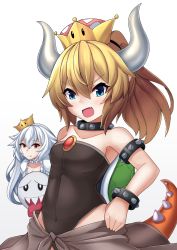 Rule 34 | 2girls, aged down, aqua eyes, bare shoulders, black leotard, boo (mario), bowsette, bracelet, breasts, brooch, character doll, choker, collar, covered navel, doll, dress, fang, frilled dress, frills, hair between eyes, high ponytail, highleg, highleg leotard, highres, holding, holding doll, horns, jewelry, kuronekozero, leotard, light smile, long hair, luigi&#039;s mansion, mario (series), multiple girls, new super mario bros. u deluxe, nintendo, open mouth, outline, pointy ears, ponytail, princess king boo, puffy short sleeves, puffy sleeves, sharp teeth, short hair, short sleeves, sidelocks, simple background, small breasts, smile, spiked bracelet, spiked collar, spiked shell, spikes, strapless, strapless dress, super crown, teeth, tongue, tongue out, very long hair, white background, white choker, white dress, white hair