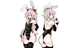 Rule 34 | 1boy, androgynous, artist request, ass, astolfo (fate), bulge, crossdressing, fate/apocrypha, fate (series), highleg, highleg leotard, highres, leotard, male focus, multiple views, pink hair, playboy bunny, ponytail, purple eyes, red eyes, shiny skin, sieg (fate), simple background, standing, trap, white background, wide hips