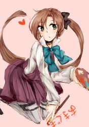 Rule 34 | 10s, 1girl, akigumo (kancolle), black bow, blue bow, bow, brown hair, character name, popped collar, green eyes, hair bow, kagari6496, kantai collection, kneeling, long hair, looking to the side, paintbrush, palette (object), pantyhose, ponytail, sketch, skirt, solo, translated, very long hair