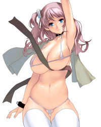 Rule 34 | 1girl, arm up, armpits, bikini, black collar, blue eyes, breasts, cleavage, closed mouth, collar, commentary request, cowboy shot, cuffs, curvy, highres, kouno (masao), large breasts, long hair, micro bikini, navel, original, pink hair, ponytail holder, ribbon, side ponytail, skindentation, solo, swimsuit, thighhighs, towel, towel around neck, white background, white bikini, white thighhighs
