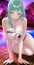 Rule 34 | 1girl, arm support, asymmetrical bangs, bikini, blurry, blurry background, blush, braid, breasts, cleavage, commentary, earrings, green hair, hair behind ear, hair ornament, highres, jewelry, large breasts, long hair, looking at viewer, mole, mole on breast, poolside, prsdubstep, purple eyes, sitting, smile, solo, swimsuit, symbol-only commentary, virtual youtuber, vspo!, x hair ornament, yakumo beni