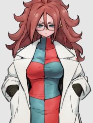 Rule 34 | 1girl, android 21, black-framed eyewear, blue eyes, breasts, checkered clothes, checkered dress, closed mouth, dragon ball, dragon ball fighterz, dress, earrings, glasses, grey background, hair between eyes, hands in pockets, hoop earrings, jewelry, kemachiku, lab coat, large breasts, long hair, looking at viewer, red hair, red ribbon army, simple background, solo