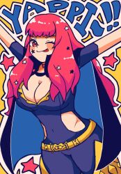 1girl black_cape bodysuit breasts cape choker cleavage facial_mark fire_emblem fire_emblem_engage gold_belt hair_ornament kashiwa_e3 large_breasts long_hair multicolored_cape multicolored_clothes nintendo one_eye_closed pink_choker purple_bodysuit red_eyes red_hair smile solo star_(symbol) star_facial_mark star_hair_ornament two-tone_cape yunaka_(fire_emblem)