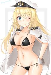 Rule 34 | 1girl, ;p, admiral (kancolle), admiral (kancolle) (cosplay), alternate costume, anchor symbol, armpits, atago (kancolle), azuhira, bikini, black bra, black panties, black ribbon, blonde hair, blue eyes, blush, bra, breasts, cleavage, closed mouth, cosplay, cowboy shot, eyebrows, gloves, groin, hand on own hip, hat, highres, kantai collection, large breasts, long hair, looking at viewer, micro bikini, multicolored background, navel, one eye closed, open clothes, panties, peaked cap, ribbon, side-tie panties, smile, solo, standing, star (symbol), stomach, swimsuit, tongue, tongue out, twitter username, two-tone background, underwear, v, white gloves