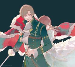 Rule 34 | 1boy, 1girl, absurdres, artem wing (tears of themis), blue eyes, brown hair, cape, closed eyes, closed mouth, coat, dress, green background, green coat, highres, holding, holding sword, holding weapon, hug, hug from behind, laoyepo, long hair, long sleeves, military, military coat, military uniform, rapier, red cape, rosa (tears of themis), short hair, simple background, sword, tears of themis, uniform, weapon, white dress