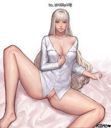 Rule 34 | 1girl, bad id, bad pixiv id, bar censor, barefoot, bed sheet, blonde hair, blouse, blunt bangs, breasts, censored, cleavage, cleft of venus, clitoral hood, clitoris, collared shirt, commission, dungeon and fighter, green eyes, highres, kidmo, large breasts, long hair, naked shirt, open clothes, open shirt, pussy, realistic, sheet grab, shirt, solo, spread legs, very long hair, white background, white shirt