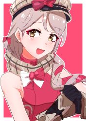 Rule 34 | 1girl, :d, absurdres, black gloves, fire emblem, fire emblem engage, framme (fire emblem), gloves, grey hair, hat, hat ribbon, highres, long hair, looking at viewer, nintendo, open mouth, own hands clasped, own hands together, ribbon, scarf, smile, solo, to (tototo tk), yellow eyes