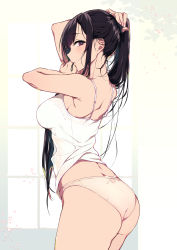 Rule 34 | 1girl, ane naru mono, ass, black hair, breasts, bright pupils, camisole, chiyo (ane naru mono), commentary request, cowboy shot, fingernails, from side, hair tie, hand up, highres, long fingernails, long hair, looking at viewer, medium breasts, mouth hold, no pants, panties, pochi (pochi-goya), profile, purple eyes, sidelocks, simple background, solo, spaghetti strap, tying hair, underwear, very long hair, white background, white panties, white pupils