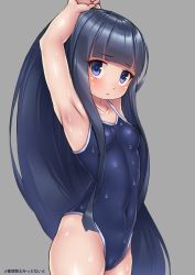 Rule 34 | 1girl, absurdres, arms up, artist name, black hair, blue eyes, blue one-piece swimsuit, breasts, competition school swimsuit, covered navel, cowboy shot, grey background, highres, long hair, looking at viewer, midnight (midnightstream3), one-piece swimsuit, original, ponytail, school swimsuit, simple background, small breasts, solo, standing, swimsuit