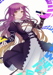 Rule 34 | 1girl, black dress, blonde hair, breasts, closed mouth, commentary request, cross-laced clothes, dress, gradient hair, highres, hijiri byakuren, juliet sleeves, large breasts, layered dress, long hair, long sleeves, multicolored hair, puffy sleeves, purple hair, sedamaki, simple background, smile, solo, sorcerer&#039;s sutra scroll, touhou, turtleneck, turtleneck dress, very long hair, white background, white dress, yellow eyes