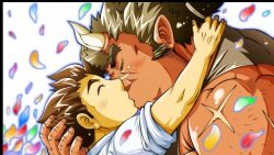 Rule 34 | 2boys, bara, beard stubble, black border, black tank top, blue outline, blush, bombom, border, broken horn, brown hair, closed eyes, collared shirt, colored skin, facial hair, game cg, hand on another&#039;s head, hand on another&#039;s neck, horns, kiss, long sideburns, low ponytail, male focus, monster boy, multiple boys, muscular, muscular male, official art, ogre, oni horns, orgus (f-kare), outline, petals, pointy ears, protagonist (f-kare), red skin, scar, scar on face, scar on nose, scar on shoulder, shirt, short hair, shoukan yuusha to f-kei kareshi, sideburns, stubble, tank top, thick eyebrows, upper body, white background, white shirt, yaoi