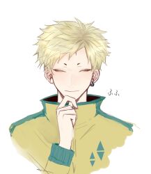 Rule 34 | 1boy, blonde hair, closed eyes, closed mouth, commentary, earclip, facing viewer, green trim, hand on own chin, haruno shion, highres, jacket, kc-rk sl, long sleeves, male focus, saibou shinkyoku, short hair, simple background, smile, solo, white background, yellow jacket