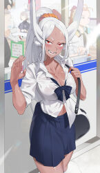Rule 34 | 2boys, 2girls, absurdres, animal ears, bag, blue skirt, blush, boku no hero academia, bow, bowtie, breasts, cleavage, collarbone, commentary, convenience store, dark-skinned female, dark skin, hair ornament, hair scrunchie, hand up, hawks (boku no hero academia), highres, korean commentary, koyap, large breasts, long eyelashes, long hair, looking at viewer, loose bowtie, mirko, multiple boys, multiple girls, navel, orange scrunchie, parted bangs, plaid, plaid bow, plaid bowtie, pleated skirt, ponytail, rabbit ears, rabbit girl, red eyes, school uniform, scrunchie, shiny skin, shirt, shirt partially tucked in, shop, shoulder bag, skirt, sleeves rolled up, smile, solo focus, sweat, sweaty clothes, tail under clothes, thighs, white hair, white shirt