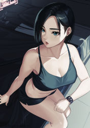 Rule 34 | 1girl, absurdres, animification, bare shoulders, bed, black hair, black shorts, black tank top, breasts, cleavage, collarbone, crop top, from above, green eyes, gun, handgun, highres, kagematsuri, large breasts, lips, looking to the side, midriff, navel, on bed, parted lips, pillow, short hair, short shorts, shorts, sitting, smartwatch, solo, stomach, tank top, thighs, valorant, viper (valorant), watch, weapon, wristwatch