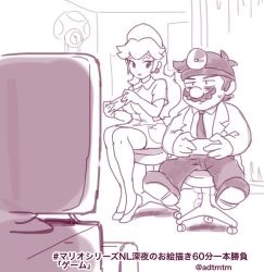 Rule 34 | 1boy, 1girl, bags under eyes, chair, clock, controller, curtains, curvy, doctor, dr. mario, dr. mario (game), earrings, facial hair, game controller, gamepad, hat, head mirror, holding, jewelry, lab coat, legs together, lips, long hair, long sleeves, looking at another, mario, mario (series), monochrome, mustache, necktie, nervous, nintendo, nm qi, nurse, nurse cap, office chair, playing games, princess peach, shoes, short sleeves, sitting, sketch, smug, sphere earrings, sweatdrop, swivel chair, television, translation request, twitter username, wall clock