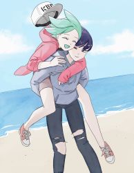 Rule 34 | 2others, alternate costume, androgynous, aqua hair, beach, blue eyes, blue hair, blue sky, blunt bangs, carrying, closed eyes, commentary request, contemporary, dark blue hair, day, denim, dual persona, green hair, happy, hat, highres, hood, hoodie, houseki no kuni, hug, hug from behind, jeans, multiple others, mydeerwitch, no socks, ocean, one eye closed, open mouth, outdoors, pants, phosphophyllite, phosphophyllite (ll), piggyback, protected link, ripped jeans, shoes, short hair, shorts, sky, smile, sneakers, spoilers, torn clothes, torn jeans, torn pants