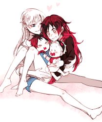 Rule 34 | 2girls, bare legs, blue eyes, blush, grey eyes, heart, if they mated, kuma (bloodycolor), mother and daughter, multicolored hair, multiple girls, one eye closed, red hair, ruby rose, rwby, shorts, silver hair, sitting, sitting on lap, sitting on person, weiss schnee, yuri