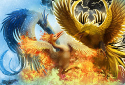 Rule 34 | 1990s (style), animal focus, articuno, beak, bird, blue eyes, burning, cloud, creatures (company), dark clouds, feathered wings, feathers, fire, flying, game freak, gen 1 pokemon, legendary pokemon, moltres, nintendo, no humans, pokemon, pokemon (creature), pokemon rgby, realistic, red eyes, retro artstyle, ruth-tay, sky, snow, thunder, tongue, wings, zapdos