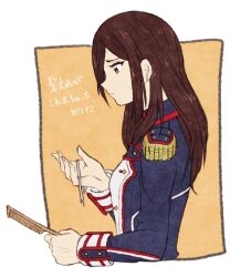 Rule 34 | 1girl, armor, asozan (cocomil), brown eyes, brown hair, closed mouth, comb, flat chest, gloves, holding, holding comb, long hair, military, military uniform, morag ladair (xenoblade), pauldrons, profile, sad, shoulder armor, simple background, solo, translated, uniform, xenoblade chronicles (series), xenoblade chronicles 2
