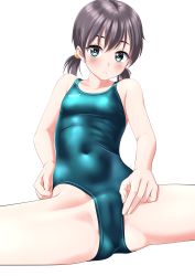 Rule 34 | 1girl, absurdres, aqua one-piece swimsuit, black hair, breasts, cameltoe, clothes writing, commentary request, competition swimsuit, covered navel, highres, low twintails, one-piece swimsuit, original, short hair, simple background, small breasts, solo, spread legs, swimsuit, takafumi, twintails, white background