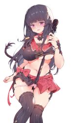 Rule 34 | 1girl, absurdres, au ra, warrior of light (ff14), bar censor, black hair, black horns, black shirt, black skirt, black tail, black thighhighs, blunt bangs, blush, bow, breasts, censored, chinese commentary, choker, commentary, crop top, dragon girl, dragon horns, dragon tail, fang, feet out of frame, final fantasy, final fantasy xiv, gold trim, hand up, highres, holding, holding microphone stand, horns, jewelry, large breasts, looking at viewer, microphone stand, midriff, miniskirt, multicolored clothes, multicolored skirt, navel, open mouth, original, panties, panty pull, pink eyes, pleated skirt, red bow, red choker, red skirt, ring, scales, shirt, short sleeves, simple background, skin fang, skirt, solo, star (symbol), star choker, sweat, tail, thighhighs, underboob, underwear, white background, zhazhapao
