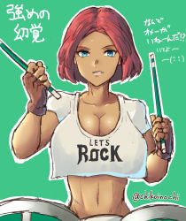 Rule 34 | 1girl, blue eyes, breasts, brown gloves, chikoinochi, cleavage, clothes writing, crop top, dark-skinned female, dark skin, drum, drum set, drumsticks, fingerless gloves, forehead, giovanna (guilty gear), gloves, green background, guilty gear, guilty gear strive, highres, instrument, large breasts, music, navel, official alternate costume, playing instrument, red hair, short hair, solo, stomach, toned, translation request, twitter username