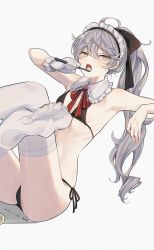 Rule 34 | 1girl, :o, ahoge, arm up, armpits, ass, bare arms, bare shoulders, bikini, black bikini, bow, breasts, detached collar, feet, frills, gloves, grey hair, hair bow, highres, legs up, long hair, looking at viewer, maid headdress, mimelond, neck ribbon, no shoes, open mouth, original, ponytail, ribbon, side-tie bikini bottom, simple background, single glove, sitting, small breasts, solo, string bikini, swimsuit, thighhighs, thighs, toothbrush, white background, white gloves, white thighhighs, yellow eyes