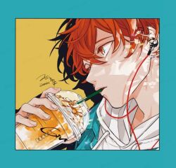 Rule 34 | blue background, cup, disposable cup, drinking, drinking straw, earphones, given, hood, hoodie, icing, kizu natsuki, listening to music, red eyes, red hair, satou mafuyu, white hoodie
