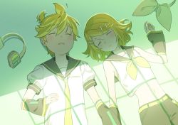 Rule 34 | 1boy, 1girl, ahoge, bare shoulders, blonde hair, bon bon eee, bow, brother and sister, crop top, detached sleeves, hair bow, unworn hair bow, hair ornament, hairclip, headphones, headphones removed, headset, highres, holding hands, kagamine len, kagamine rin, leg warmers, lying, midriff, navel, neckerchief, necktie, on back, pale skin, sailor collar, sailor shirt, shirt, short ponytail, shorts, siblings, sleeping, sleeveless, sleeveless shirt, twins, upper body, vocaloid, white bow, yellow neckerchief, yellow necktie