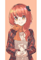 Rule 34 | 1girl, alternate costume, bad id, bad pixiv id, black hairband, blush, de ruyter (kancolle), hairband, jacket, kantai collection, long hair, long sleeves, orange scarf, red hair, red jacket, scarf, smile, solo, sweater, tiasis, upper body, white sweater, yellow eyes