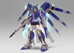 Rule 34 | 1girl, absurdres, animal ears, armor, beam rifle, blue hair, breasts, char&#039;s counterattack, char&#039;s counterattack - beltorchika&#039;s children, commentary request, crossover, energy gun, fin funnels, full body, glowing, glowing eyes, glowing hair, godolphin barb (umamusume), grey background, grin, gun, gundam, hair intakes, hi-nu gundam, highres, holding, holding gun, holding weapon, horse ears, horse girl, horse tail, kionaoki, long hair, looking at viewer, mecha musume, medium breasts, parody, parted bangs, shield, signature, smile, solo, standing, tail, umamusume, weapon
