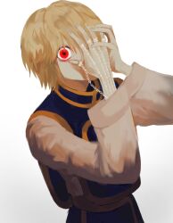Rule 34 | 1boy, asuhayaiba, blonde hair, chain, commentary request, glaring, hands on own face, highres, hunter x hunter, kurapika, long sleeves, looking at viewer, male focus, one eye covered, red eyes, short hair, simple background