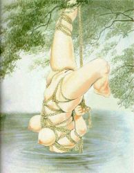 Rule 34 | 1girl, asphyxiation, bdsm, bondage, bound, breasts, drowning, female focus, nature, nipples, nude, outdoors, peril, public indecency, public nudity, pussy, shibari, solo, spread legs, torture, traditional media, tree, water