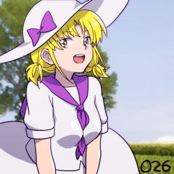 Rule 34 | 1girl, :d, between breasts, blonde hair, blue sky, bow, breasts, day, facing away, hair intakes, hat, hat bow, looking away, looking to the side, louise (touhou), low twintails, medium breasts, neckerchief, open mouth, outdoors, purple bow, purple neckerchief, purple sailor collar, sailor collar, shikido (khf), shirt, short hair, short sleeves, skirt, skirt set, sky, smile, solo, teeth, tongue, touhou, touhou (pc-98), tree, twintails, upper body, white hat, white shirt, white skirt, yellow eyes