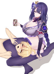 Rule 34 | 1boy, 1girl, absurdres, aether (genshin impact), blonde hair, blush, braid, breasts, cellphone, chat log, cleavage, closed mouth, clothed female nude male, genshin impact, hair ornament, hand on leg, head between thighs, highres, holding, holding phone, japanese clothes, jewelry, kimono, large breasts, long hair, long sleeves, looking at another, looking up, low-braided long hair, low-tied long hair, mole, mole under eye, nail polish, neck ribbon, neri aisu, nude, on floor, open mouth, phone, purple eyes, purple hair, purple nails, purple thighhighs, raiden shogun, ribbon, ring, sadism, saliva, scissorhold, serious, smartphone, tears, thighhighs, thighs, white background, yandere, yellow eyes