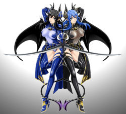 Rule 34 | 2girls, ankle boots, arm strap, arm up, armor, bat wings, belt, belt skirt, black hair, black legwear, blue eyes, blue hair, blue legwear, bodysuit, boots, breasts, breasts apart, buckle, collar, covered erect nipples, demon girl, demon tail, dual wielding, fantasy, full body, garter straps, gloves, gradient background, groin, hair ornament, high heels, highleg, highleg leotard, highres, holding, holding weapon, horns, impossible clothes, isse, large breasts, leg lift, leg up, leotard, long hair, looking at viewer, mirror opposites, multiple belts, multiple girls, multiple swords, original, outstretched arm, over shoulder, parted lips, pointy ears, short sword, showgirl skirt, sidelocks, skin tight, skirt, smile, sword, symmetry, tail, thigh strap, thighhighs, turtleneck, weapon, weapon over shoulder, wings