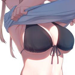 Rule 34 | 1girl, armpits, bikini, black bikini, blonde hair, breast focus, breasts, breasts day, cleavage, clothes lift, commentary request, front-tie top, graf zeppelin (kancolle), holding, holding clothes, holding shirt, kantai collection, large breasts, long hair, looking away, osterei, shiny skin, shirt, shirt lift, short twintails, simple background, smile, solo, swimsuit, twintails, undressing, white background, white shirt