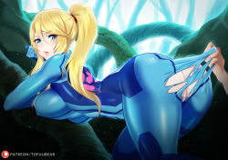Rule 34 | 1girl, absurdres, ass, bent over, blonde hair, blue eyes, bodysuit, breasts, covered erect nipples, highres, large breasts, light particles, looking at viewer, looking back, metroid, nintendo, no bra, no panties, parted lips, ponytail, pussy, samus aran, skin tight, solo focus, tofuubear, toned, torn bodysuit, torn clothes, uncensored, zero suit