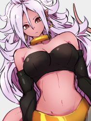Rule 34 | 1girl, android 21, bare shoulders, breasts, choker, cleavage, closed mouth, colored skin, dragon ball, dragon ball fighterz, earrings, grey background, hair between eyes, hoop earrings, jewelry, kemachiku, long hair, looking at viewer, majin android 21, medium breasts, midriff, navel, pink hair, pink skin, red eyes, simple background, solo, tail, yellow choker