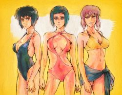 Rule 34 | 3girls, bikini, black hair, black one-piece swimsuit, blue hair, breasts, center opening, cleavage, clothes around waist, contrapposto, covered navel, cowboy shot, ghost in the shell, ghost in the shell arise, ghost in the shell stand alone complex, km2, kusanagi motoko, large breasts, looking at viewer, medium breasts, monokini, multiple girls, multiple persona, navel, one-piece swimsuit, purple eyes, purple hair, red eyes, red one-piece swimsuit, short hair, smile, standing, swimsuit, yellow bikini