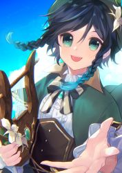 Rule 34 | 1boy, androgynous, bad id, bad pixiv id, beret, black hair, blue hair, bow, braid, brooch, cloud, cloudy sky, collared cape, collared shirt, commentary request, corset, enoki hatoko, flower, frilled sleeves, frills, gem, genshin impact, gradient hair, green eyes, green hat, hat, hat flower, highres, holding, holding instrument, instrument, jewelry, leaf, long sleeves, looking at viewer, lyre, male focus, multicolored hair, open mouth, shirt, short hair with long locks, sidelocks, simple background, sky, smile, solo, twin braids, venti (genshin impact), white flower, white shirt